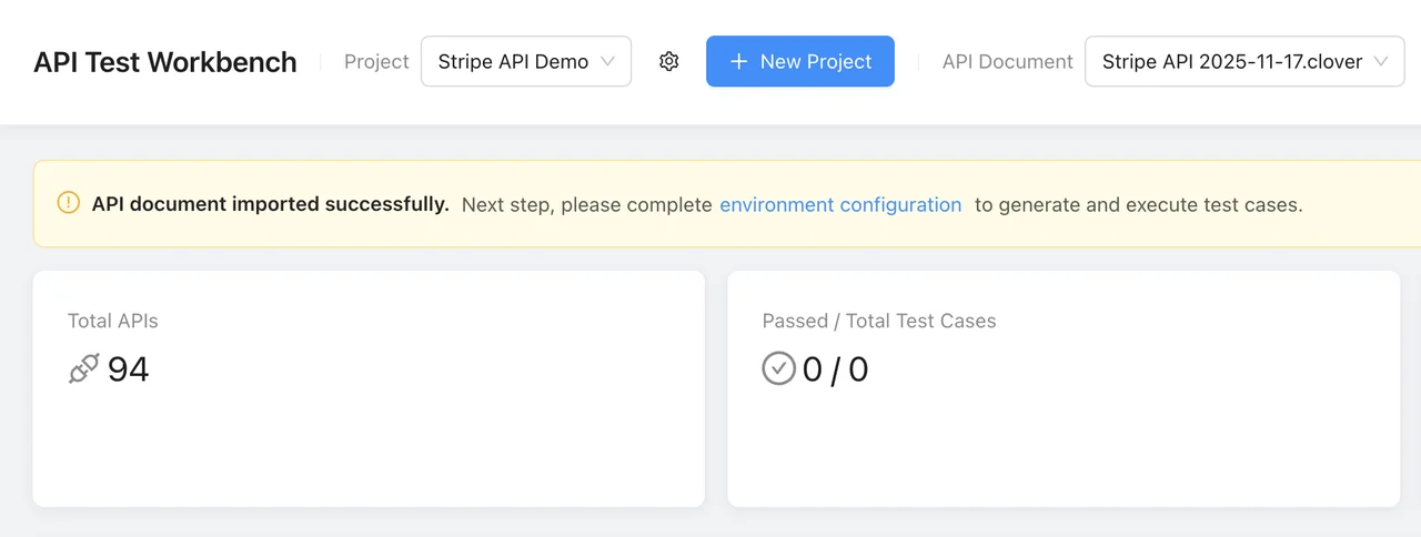 WellTested API Test Workbench showing 94 APIs imported from Stripe API document