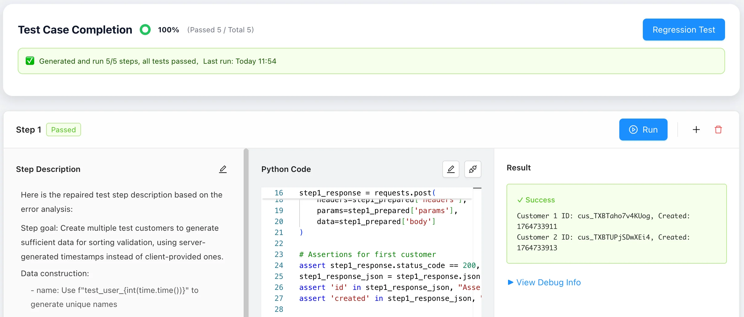 WellTested test execution view with step description, Python code, and live results